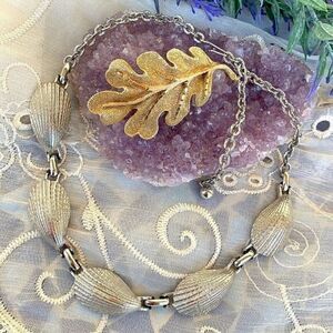 Vintage Silver Shell Necklace & Gold Leaf Pin Brooch